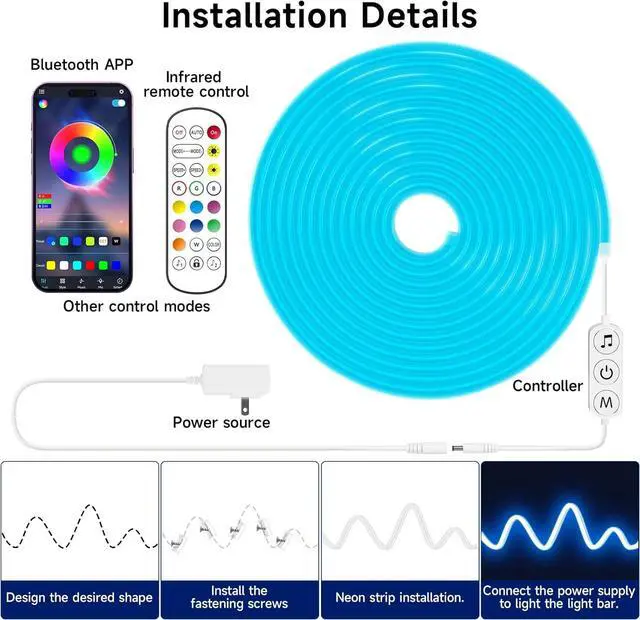 Alt view image 6 of 7 - LED Neon Rope Lights 16.4ft RGB LED Light Strip 24V Music Sync App/Remote Control DIY Rope Light IP67 Waterproof Gaming Neon Strip Lights for Bedroom Indoor Oudoor Dcor