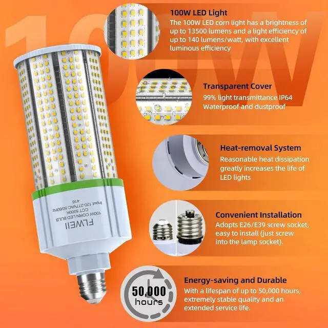 Alt view image 2 of 7 - LED Corn Light Bulb 110/277V 100W E26/E39 Mogul Base 5000K 13500 LM Replacement 400W HPS/MH for Indoor Outdoor Garage Warehouse Factory Backyard (100W120V-277V)