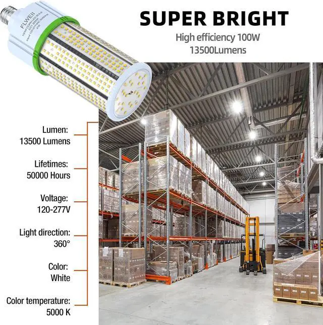 Alt view image 3 of 7 - LED Corn Light Bulb 110/277V 100W E26/E39 Mogul Base 5000K 13500 LM Replacement 400W HPS/MH for Indoor Outdoor Garage Warehouse Factory Backyard (100W120V-277V)