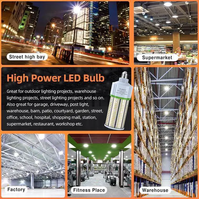 Alt view image 7 of 7 - LED Corn Light Bulb 110/277V 100W E26/E39 Mogul Base 5000K 13500 LM Replacement 400W HPS/MH for Indoor Outdoor Garage Warehouse Factory Backyard (100W120V-277V)