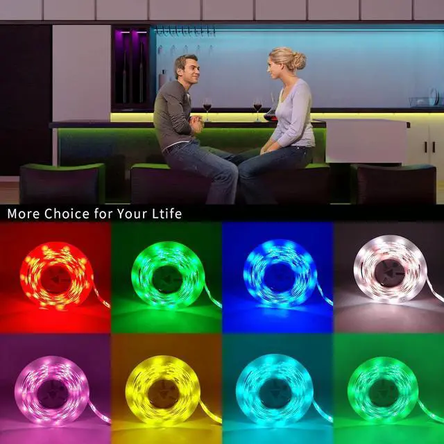 Alt view image 4 of 7 - RGB LED Strip Lights for Bedroom 8ft Color Changing LED Light Strip with Remote Control and PU Coating for Home Decor Kitchen Dorm Room Party Festival ETL Listed