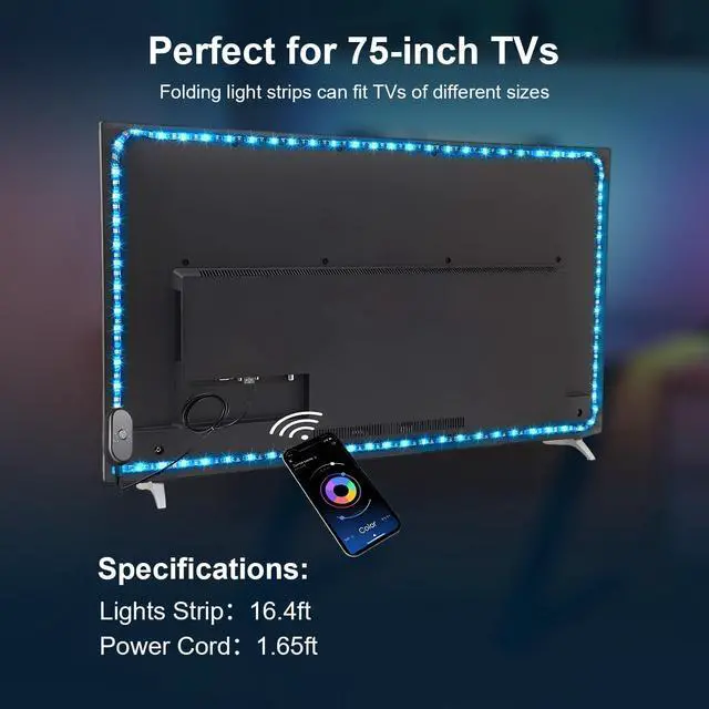 Alt view image 3 of 7 - LED Lights for TV 16.4 ft TV LED Backlight for 55-75 Inch RGB LED Strip Lights Behind TV with APP Remote Control Music Sync Smart Led Ambient Lighting for Bedroom Gaming Room Decor