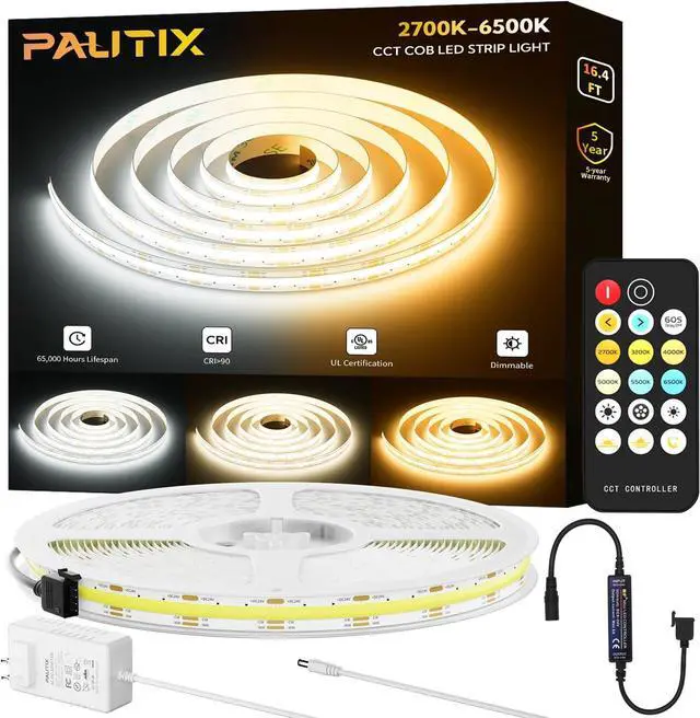 Main image of COB LED Strip Light 2700K-6500K CCT Tunable White UL-Listed CRI90+ 16.4ft Super Bright Dimmable 24V LED Tape Lights with RF Remote for Under Cabinets Bedroom Kitchen TV Mirror DIY Lighting