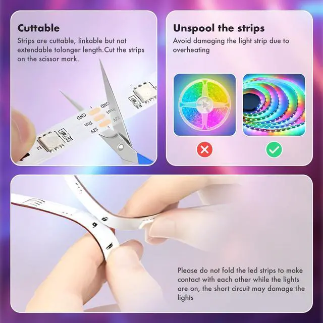 Alt view image 6 of 7 - 100 ft(2 Rolls of 50ft) IC+RGB Led Lights for Bedroom Music Sync Color Changing Led Strip Lights with Remote App Control Led Strip Led Lights for Room Home Kitchen Decor Party