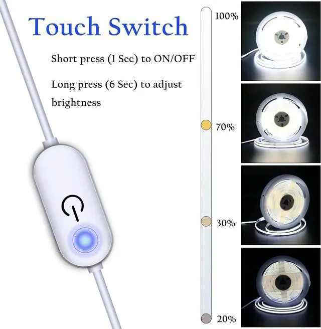 Alt view image 6 of 7 - Led Strip Lights 5V USB 6.56ft/2m 640 LEDs Touch stepless Dimmable USB COB LED Strip Light 6000K White 10W Flexible 5v led Lights for Bedroom Kitchen DIY Lighting Room Decor tv led Lights