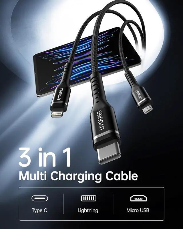Alt view image 2 of 7 - Multi Charging Cable 2Pack 4FT 3 in 1 Charger Cable Braided Universal Phone Charging Cord with Lightning/Type C/Micro USB Ends Multiple USB Cable for iPhone 16 15//Google Cell Phones and More