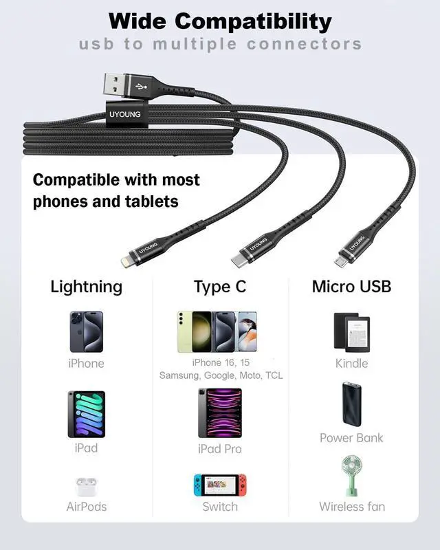Alt view image 6 of 7 - Multi Charging Cable 2Pack 4FT 3 in 1 Charger Cable Braided Universal Phone Charging Cord with Lightning/Type C/Micro USB Ends Multiple USB Cable for iPhone 16 15//Google Cell Phones and More