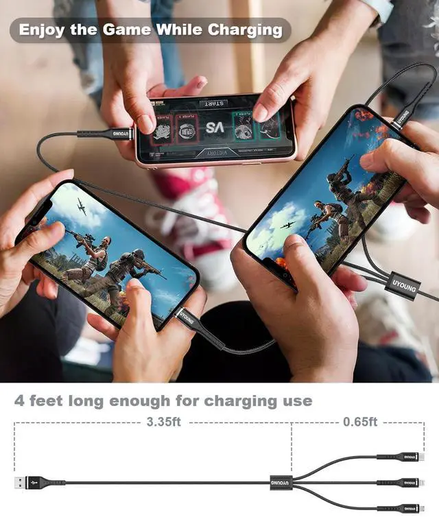 Alt view image 7 of 7 - Multi Charging Cable 2Pack 4FT 3 in 1 Charger Cable Braided Universal Phone Charging Cord with Lightning/Type C/Micro USB Ends Multiple USB Cable for iPhone 16 15//Google Cell Phones and More