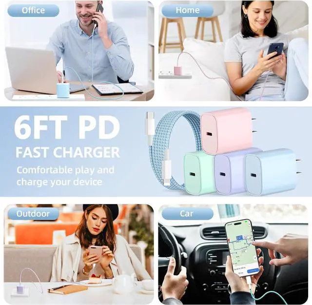 Alt view image 7 of 7 - Phone Charger Fast Charging, 4 Pack 20W USB C Wall Charger Block with 6FT Charging Cable Type C Fast Charge Block Compatible with Phone 14/14 Pro Max/13/13 Pro/12/12 Pro/11/11 Pro/XS, Pad and More