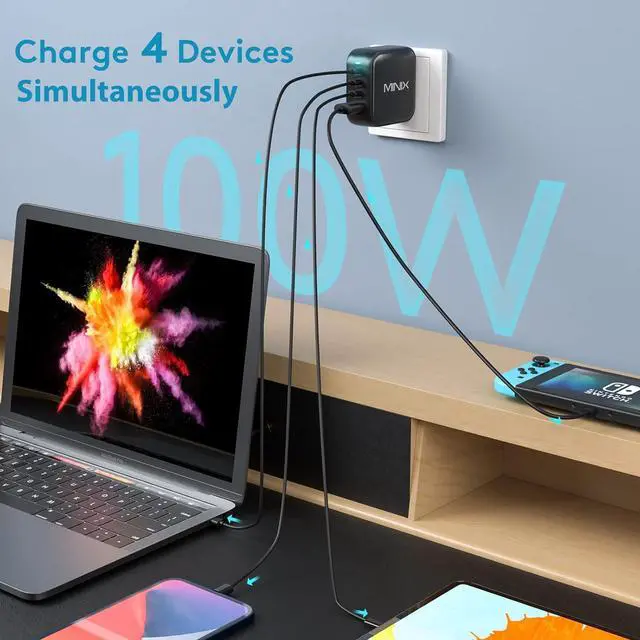 Alt view image 6 of 7 - MINIX NEO P3 100W Turbo 4-Ports GaN Wall Charger, 3 x USB-C Port Fast Charging Adapter(Max 100W/20W), 1 USB-A (Max 18W). Compatible with MacBook Pro Air, iPad Pro, iPhone 14,Galaxy S9 and More.
