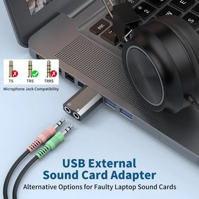 Alt view image 2 of 6 - USB to 3.5mm Audio Adapter (2-Pack) External Stereo Sound Card with Dual TRS 3-Pole 3.5mm Headphone and Microphone Jack for PS4/PS5/PC/Laptop Built-in Chip Mic-Supported Headphone Adapter