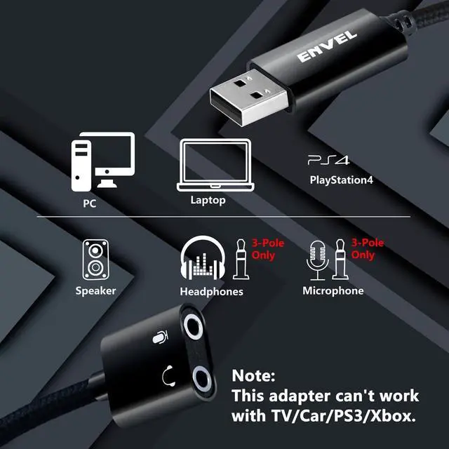 Alt view image 2 of 7 - USB to 3.5mm Audio Adapter External Stereo Sound Card with Dual TRS 3-Pole 3.5mm Headphone and Microphone Jack for PS4/PS5/PC/Laptop Built-in Chip Mic-Supported Headphone Adapter (Black Pro)