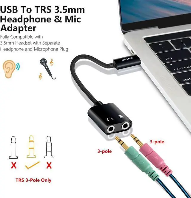 Alt view image 6 of 7 - USB to 3.5mm Audio Adapter External Stereo Sound Card with Dual TRS 3-Pole 3.5mm Headphone and Microphone Jack for PS4/PS5/PC/Laptop Built-in Chip Mic-Supported Headphone Adapter (Black Pro)