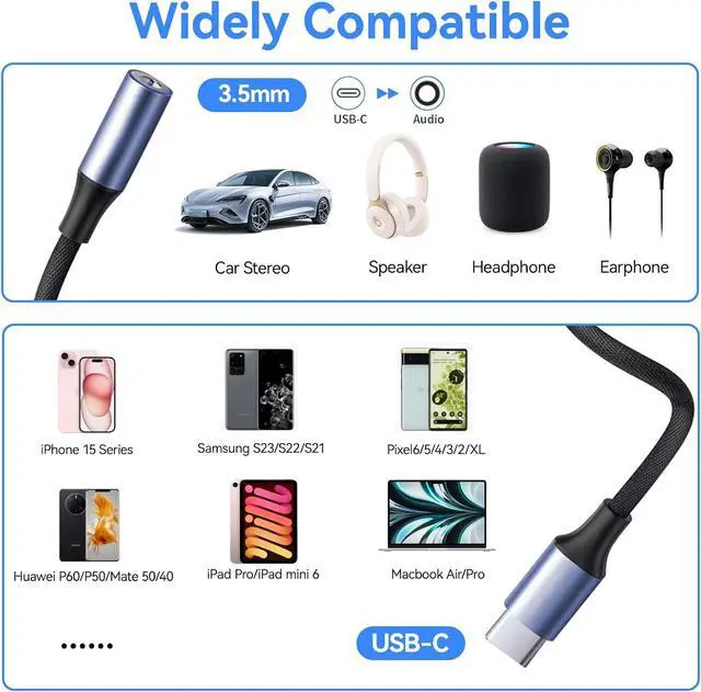 Alt view image 5 of 7 - USB Type C to 3.5mm Headphone Jack Adapter (2-Pack) USB C to Aux Female Audio Dongle Cable Cord Compatible for iPhone 15 Pro Max/15 Pro/15 Plus  Galaxy S23/S22 Ultra iPad Pro MacBook