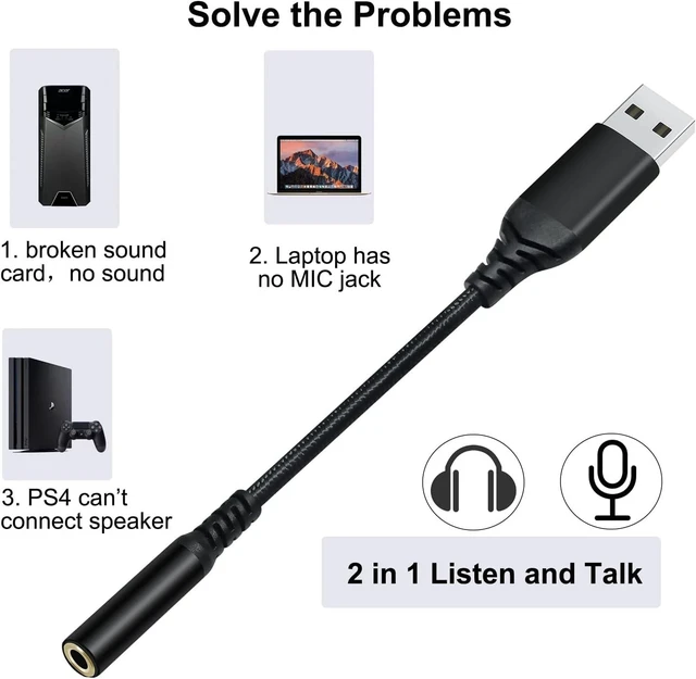Alt view image 2 of 7 - DCHAV USB to 3.5mm Jack Audio Adapter Headphone Microphone External Sound Card AUX USB Type A to 3.5 mm Cable 4 Pole TRRS Female Interface Line Control for PC Laptop Speaker Headset PS4 PS5, Black