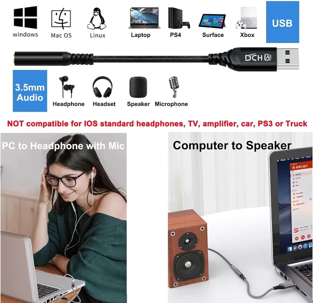 Alt view image 3 of 7 - DCHAV USB to 3.5mm Jack Audio Adapter Headphone Microphone External Sound Card AUX USB Type A to 3.5 mm Cable 4 Pole TRRS Female Interface Line Control for PC Laptop Speaker Headset PS4 PS5, Black
