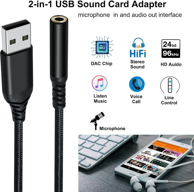 Alt view image 4 of 7 - DCHAV USB to 3.5mm Jack Audio Adapter Headphone Microphone External Sound Card AUX USB Type A to 3.5 mm Cable 4 Pole TRRS Female Interface Line Control for PC Laptop Speaker Headset PS4 PS5, Black