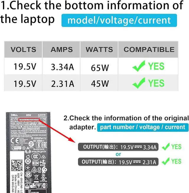 Alt view image 2 of 7 - 65W Laptop Charger Fit for  inspiron 13 14 15 17 3000 5000 7000 Series 3565 3567 3576 5558 5755 7212 7506 2in1 5555 5559 0G6J41 0MGJN9 19.5V 3.34A Tip 4.5mm Power Adapter (65W)