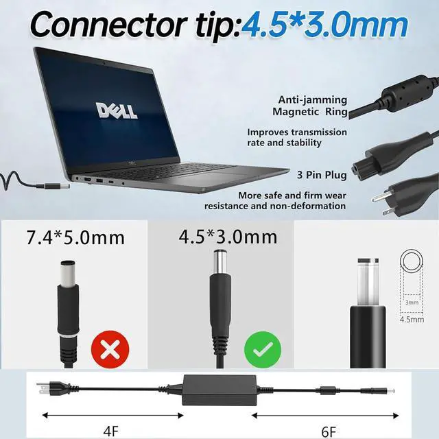 Alt view image 3 of 7 - 65W Laptop Charger Fit for  inspiron 13 14 15 17 3000 5000 7000 Series 3565 3567 3576 5558 5755 7212 7506 2in1 5555 5559 0G6J41 0MGJN9 19.5V 3.34A Tip 4.5mm Power Adapter (65W)