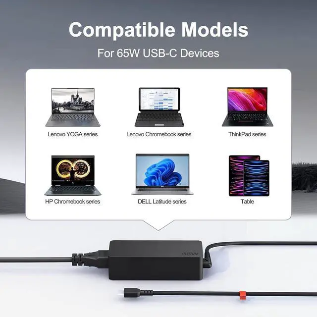 Alt view image 3 of 7 - Upgrades 65W 45W Charger for Lenovo Laptop, USB Type C Power for Lenovo Yoga, Thinkpad, Chromebook Computer,14Ft, 65W USB C Lenovo Laptop Universal AC Adapter