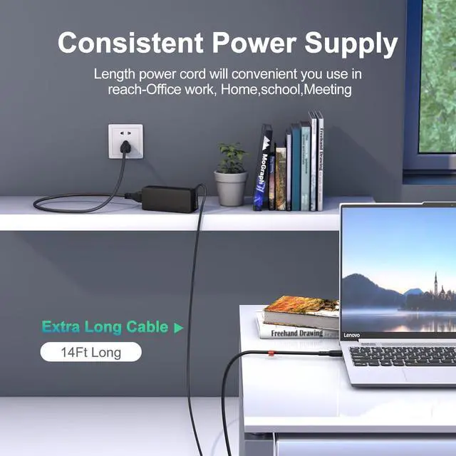Alt view image 5 of 7 - Upgrades 65W 45W Charger for Lenovo Laptop, USB Type C Power for Lenovo Yoga, Thinkpad, Chromebook Computer,14Ft, 65W USB C Lenovo Laptop Universal AC Adapter