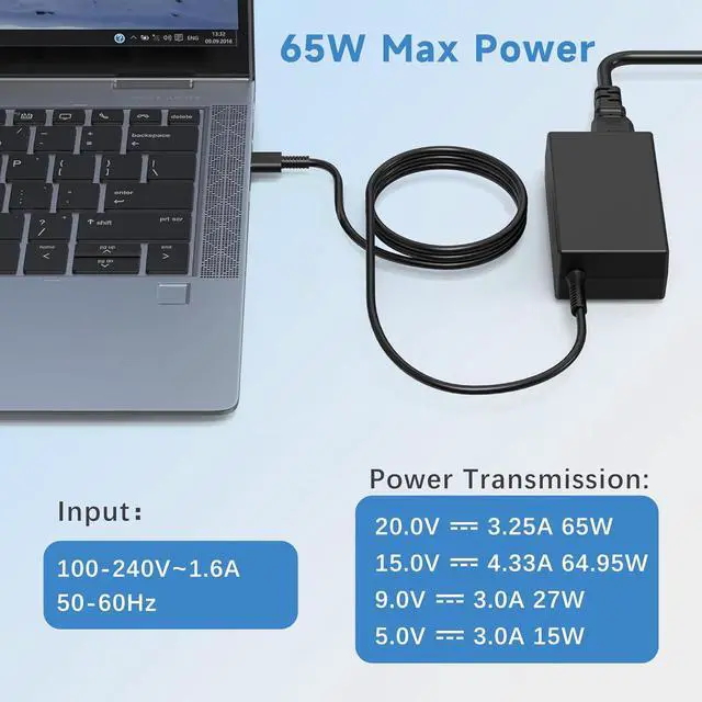 Alt view image 5 of 7 - 65W 45W USB C Laptop Charger for HP EliteBook X360 840-G5 830-G8 840-G6 Chromebook 14 X360 ProBook 430 440 445 G5 G6 G8 HP Envy X360 13 15 Spectre X360 Elite X2 USB-C Fast Charger AC Power Adapter