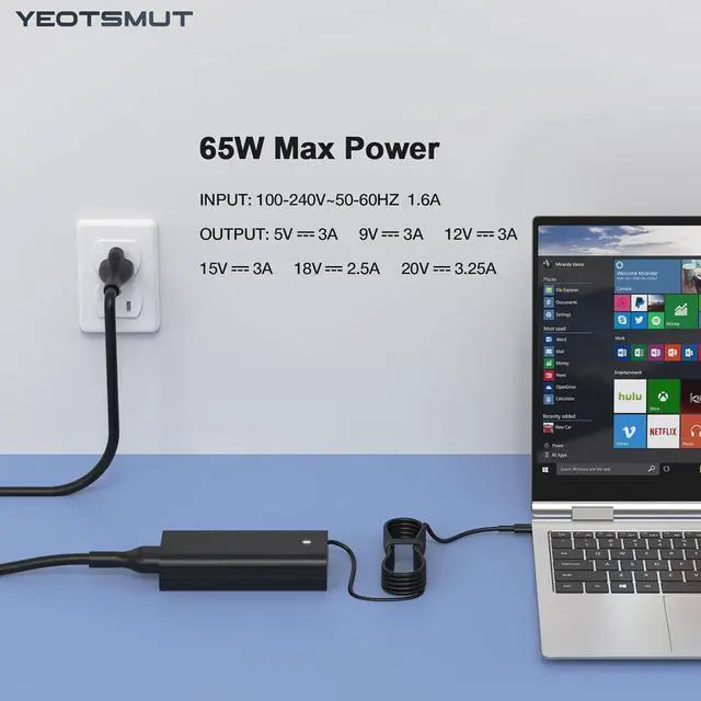 Alt view image 3 of 6 - New 65W 45W USB C Charger for  Laptop Charger USB C Chromebook 3100 3300 3380 3400 3500 Latitude 5000 5420 5520 5320 XPS 13 9250 9360 9365 9370 Type C Travel Laptop Power Adapter