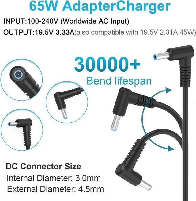 Alt view image 2 of 7 - 65W 45W HP Laptop Charger for HP Pavilion X36 Envy Elitebook 840 G3 ProBook Model 15 Zbook with Power Cord Replacement Computer Charger for HP Laptop Blue Tip