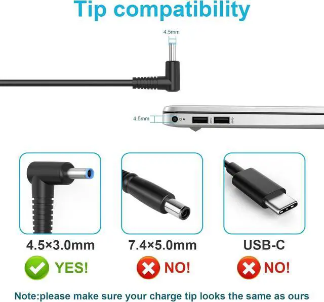 Alt view image 4 of 7 - 65W 45W HP Laptop Charger for HP Pavilion X36 Envy Elitebook 840 G3 ProBook Model 15 Zbook with Power Cord Replacement Computer Charger for HP Laptop Blue Tip