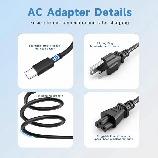 Alt view image 6 of 7 - 65W 45W USB C Laptop Charger for HP EliteBook X360 840-G5 830-G8 840-G6 Chromebook 14 X360 ProBook 430 440 445 G5 G6 G8 HP Envy X360 13 15 Spectre X360 Elite X2 USB-C Fast Charging AC Power Adapter