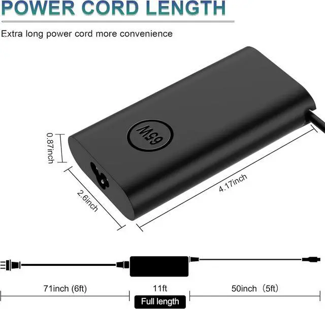 Alt view image 6 of 6 - Replacement for  65W Laptop Charger USB C 45 Watt Slim Adapter - fit Latitude 5420 5540 5520 7420 5440 XPS 13 15 Chromebook 3100 - Fast Charging Type C Computer Long Power Cord