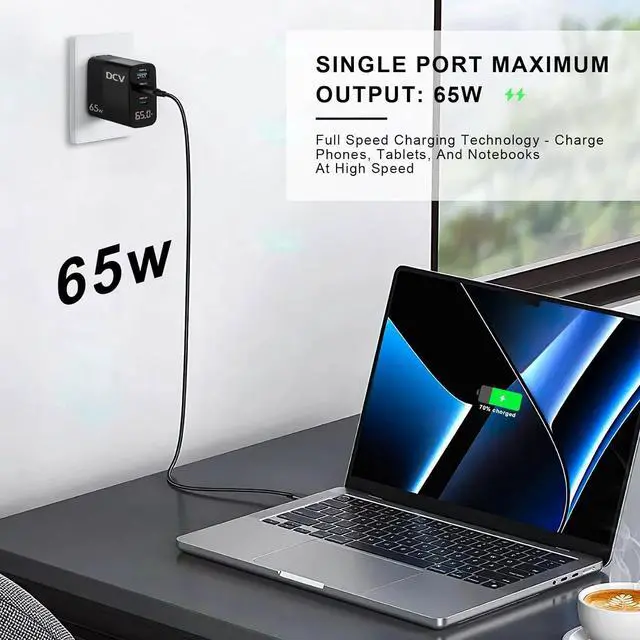 Alt view image 2 of 7 - 65W USB C Charger GaN 3-Port Fast Charging Block with LED Digital Display PD/PPS/QC 3.0 Foldable Wall Charger for Laptops MacBook iPhone 15/14/13 iPad Pro Galaxy S23/S22 Note 20/10 (Black)