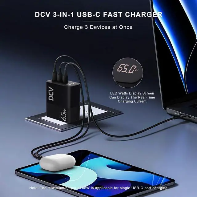 Alt view image 3 of 7 - 65W USB C Charger GaN 3-Port Fast Charging Block with LED Digital Display PD/PPS/QC 3.0 Foldable Wall Charger for Laptops MacBook iPhone 15/14/13 iPad Pro Galaxy S23/S22 Note 20/10 (Black)