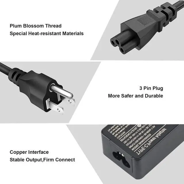 Alt view image 4 of 6 - ThinkPad 65W 45 Watt USB C Laptop Charger for  Thinkpad T480 T480s T490 T580 T580s T14 E480 E580 E590 E495 X1 C930 C940 Yoga 7i ADLX65YDC2A Chromebook 300e Computer Type-C AC Adapter Power Cord