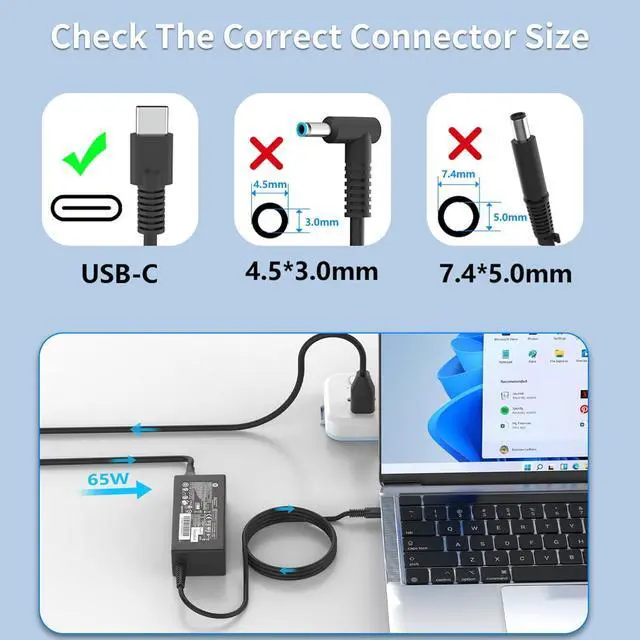 Alt view image 3 of 7 - 65W 45W USB C Chromebook Charger fit for HP ProBook 440 450 Chromebook X360 11 G1 G6 EE 11-ae010nr EliteBook Laptop L43407-001 Type C Fast Charging Power AC Adapter