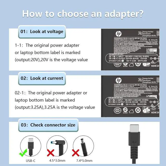 Alt view image 4 of 7 - 65W 45W USB C Chromebook Charger fit for HP ProBook 440 450 Chromebook X360 11 G1 G6 EE 11-ae010nr EliteBook Laptop L43407-001 Type C Fast Charging Power AC Adapter