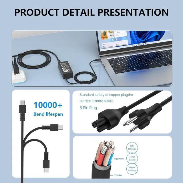 Alt view image 5 of 7 - 65W 45W USB C Chromebook Charger fit for HP ProBook 440 450 Chromebook X360 11 G1 G6 EE 11-ae010nr EliteBook Laptop L43407-001 Type C Fast Charging Power AC Adapter