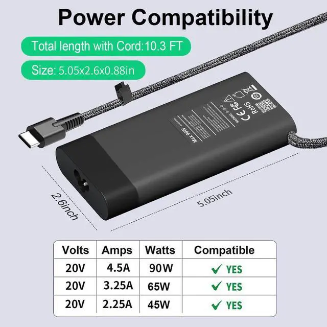 Alt view image 3 of 6 - New Slim 90W 65W USB C HP Laptop Charger for HP Spectre X360 Envy Elitebook Chromebook Elite x2 ProBook Type C Power Cord AC Adapter USB C Laptop Charger