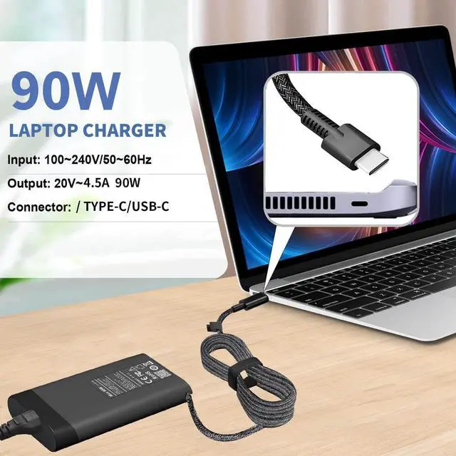 Alt view image 2 of 6 - New Slim 90W 65W USB C HP Laptop Charger for HP Spectre X360 Envy Elitebook Chromebook Elite x2 ProBook Type C Power Cord AC Adapter USB C Laptop Charger