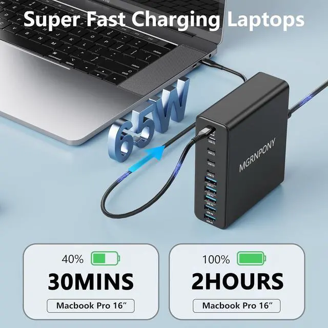 Alt view image 3 of 6 - 320W USB C Charger Block 10-Port USB C Charging Station GaN III PD 65W PC Laptop Fast Charger Adapter for MacBook Pro/Air  iPad iPhone  Galaxy Black