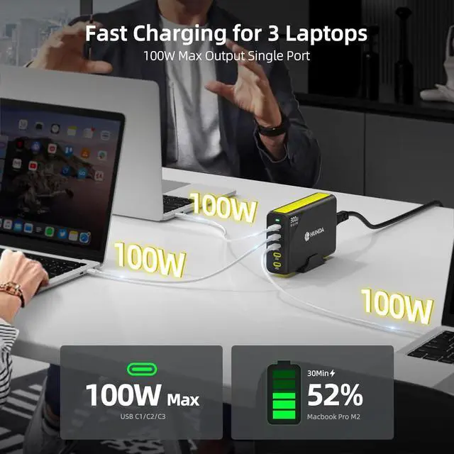 Alt view image 2 of 7 - 300W USB C Charger GaN Charging Station Desktop 5 Ports PD 100W Fast Power Adapter Support PD3.0 /PPS 45W /QC5 for MacBook Pro/Air iPhone 15 Pro  HP  etc