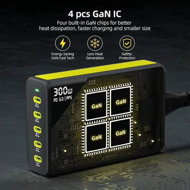 Alt view image 4 of 7 - 300W USB C Charger GaN Charging Station Desktop 5 Ports PD 100W Fast Power Adapter Support PD3.0 /PPS 45W /QC5 for MacBook Pro/Air iPhone 15 Pro  HP  etc