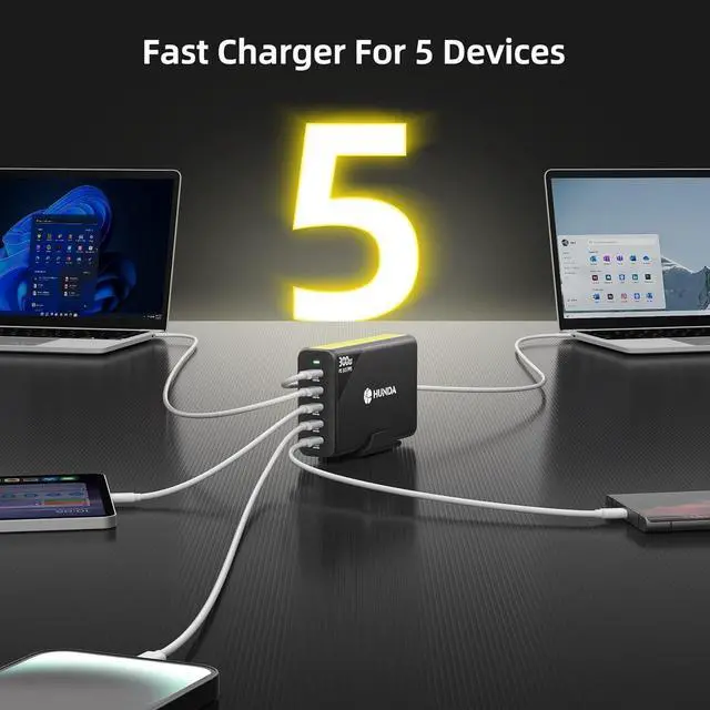 Alt view image 6 of 7 - 300W USB C Charger GaN Charging Station Desktop 5 Ports PD 100W Fast Power Adapter Support PD3.0 /PPS 45W /QC5 for MacBook Pro/Air iPhone 15 Pro  HP  etc