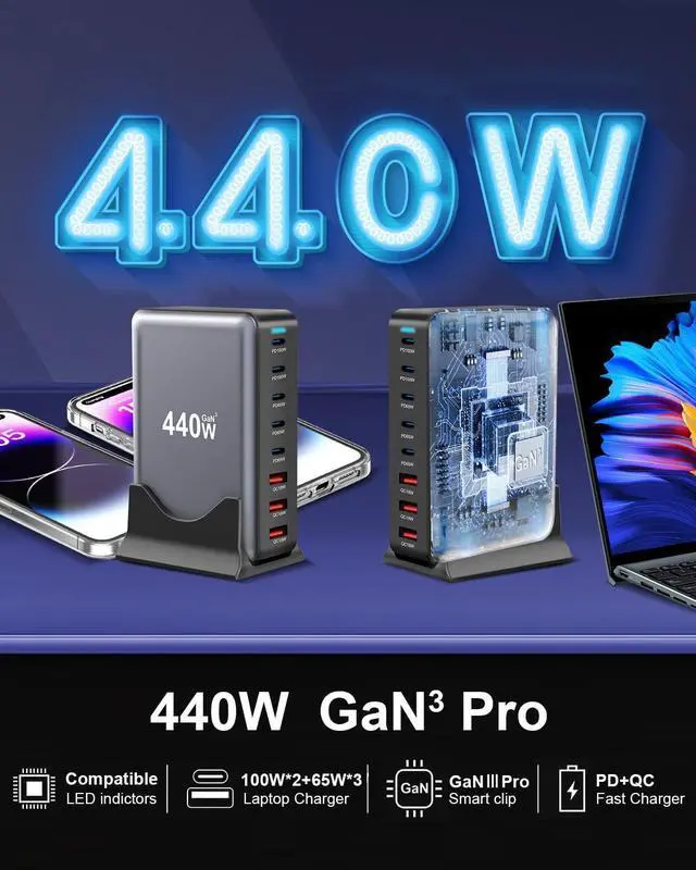 Alt view image 3 of 7 - 440W Fast USB C Charger GAN Charger Block 8 Port Charging Station HUB Brick Dual PD PPS 100W Wall Charger Compatible with MacBook Pro/Air/All iPad iPhone 16/15/14/13/Pro Max