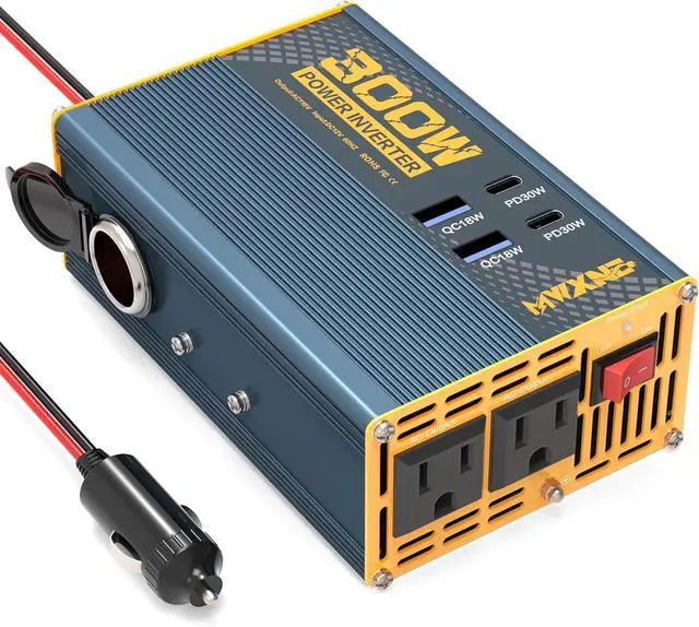 Main image of 300W Power Inverter DC 12V to 110V AC Adapter with Dual AC Outlets/2 PD30W USB-C/2 QC18W USB Ports/1 Cigarette Lighter Outlet - Ideal Car Charger for Laptops