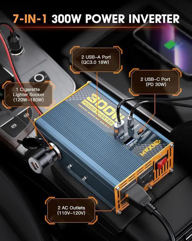 Alt view image 2 of 7 - 300W Power Inverter DC 12V to 110V AC Adapter with Dual AC Outlets/2 PD30W USB-C/2 QC18W USB Ports/1 Cigarette Lighter Outlet - Ideal Car Charger for Laptops
