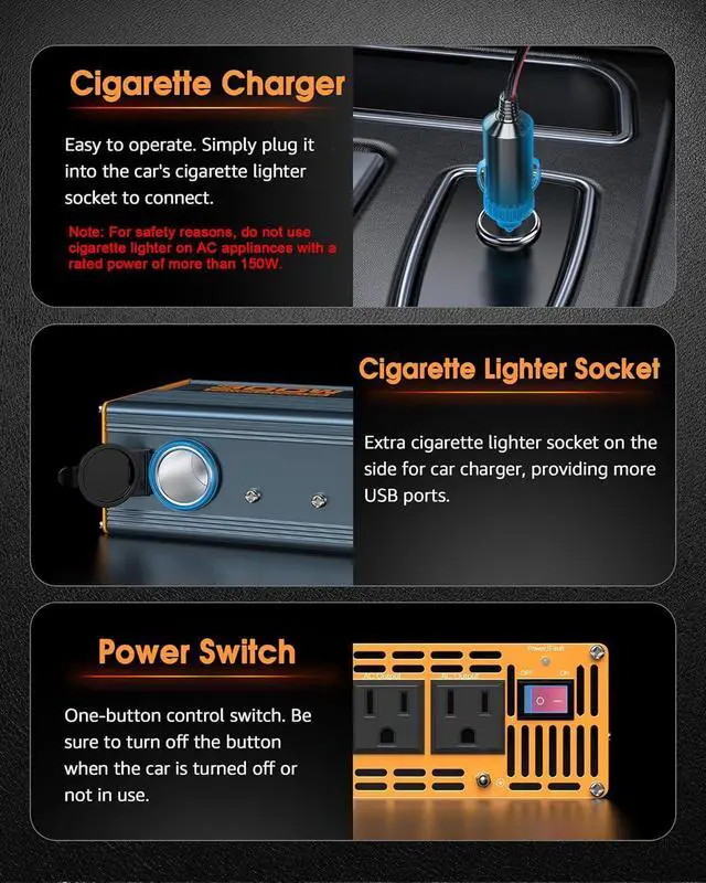 Alt view image 4 of 7 - 300W Power Inverter DC 12V to 110V AC Adapter with Dual AC Outlets/2 PD30W USB-C/2 QC18W USB Ports/1 Cigarette Lighter Outlet - Ideal Car Charger for Laptops