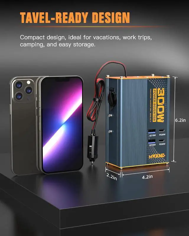 Alt view image 6 of 7 - 300W Power Inverter DC 12V to 110V AC Adapter with Dual AC Outlets/2 PD30W USB-C/2 QC18W USB Ports/1 Cigarette Lighter Outlet - Ideal Car Charger for Laptops