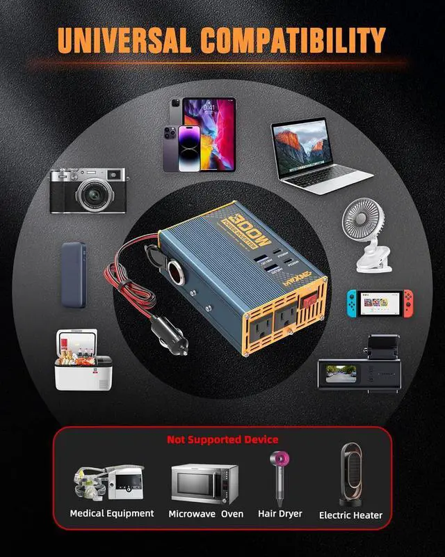 Alt view image 7 of 7 - 300W Power Inverter DC 12V to 110V AC Adapter with Dual AC Outlets/2 PD30W USB-C/2 QC18W USB Ports/1 Cigarette Lighter Outlet - Ideal Car Charger for Laptops