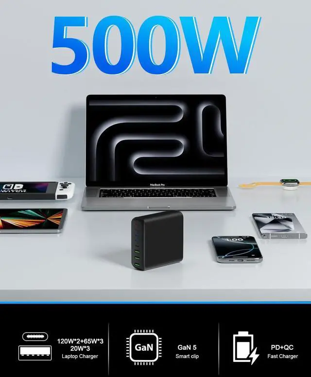 Alt view image 3 of 7 - USB C Charger Block 500W USB C Charging Station 8 Port USB Fast Charging PD 120W Laptop Charger Compatible with  HP Surface MacBook Pro/Air/All iPad iPhone 16/15/14/13/Pro Max/Galaxy Note